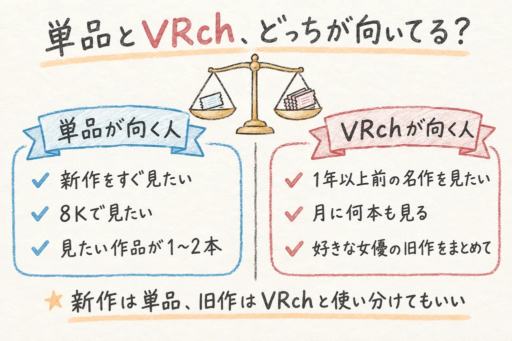 FANZAのVRを単品で買うのが向く人と、VRchの見放題が向く人を比べた図