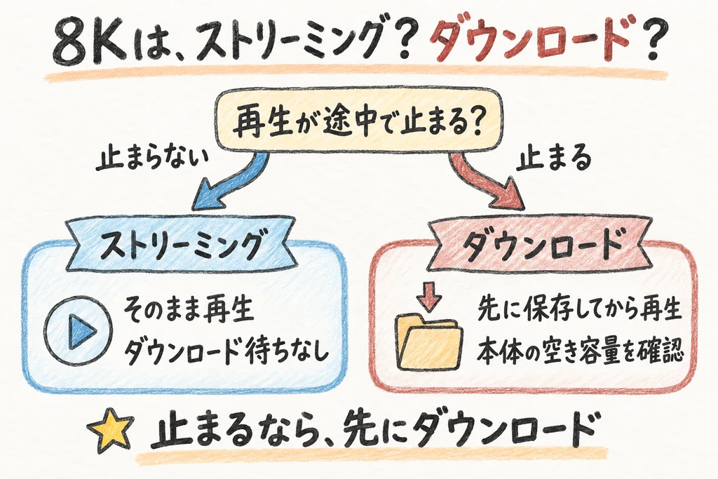 Meta Questで8KのVRを見るとき、再生が止まらなければストリーミング、止まるなら先にダウンロードを選ぶ分かれ道の図
